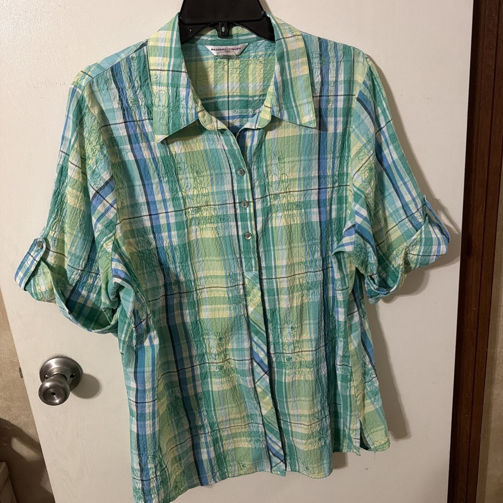 Allison Daley Women's 20W Short Sleeve Button Plaid Embroidered Blouse EUC